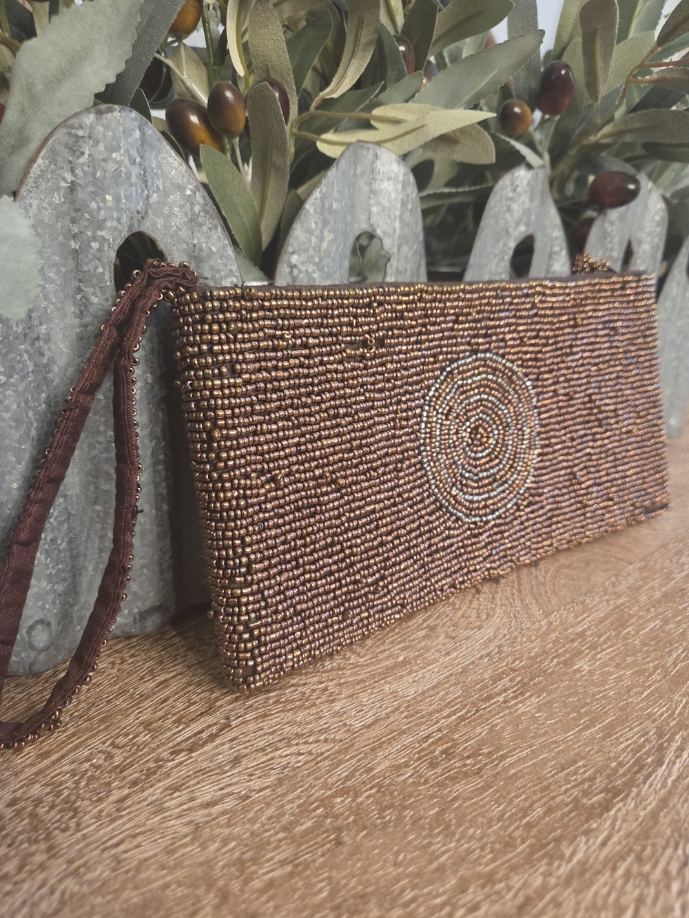 Hand-Beaded Brown Wristlet Clutch